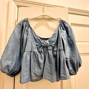 Zara Puff Sleeve Cropped Blue Blouse - Size S